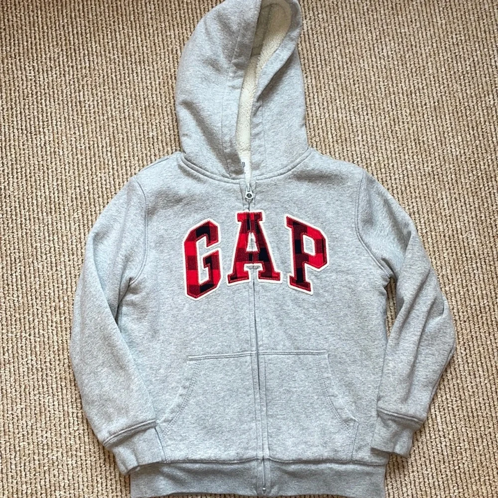 Gap Sherpa lined gray hoodie sweatshirt with red and black Buffalo plaid